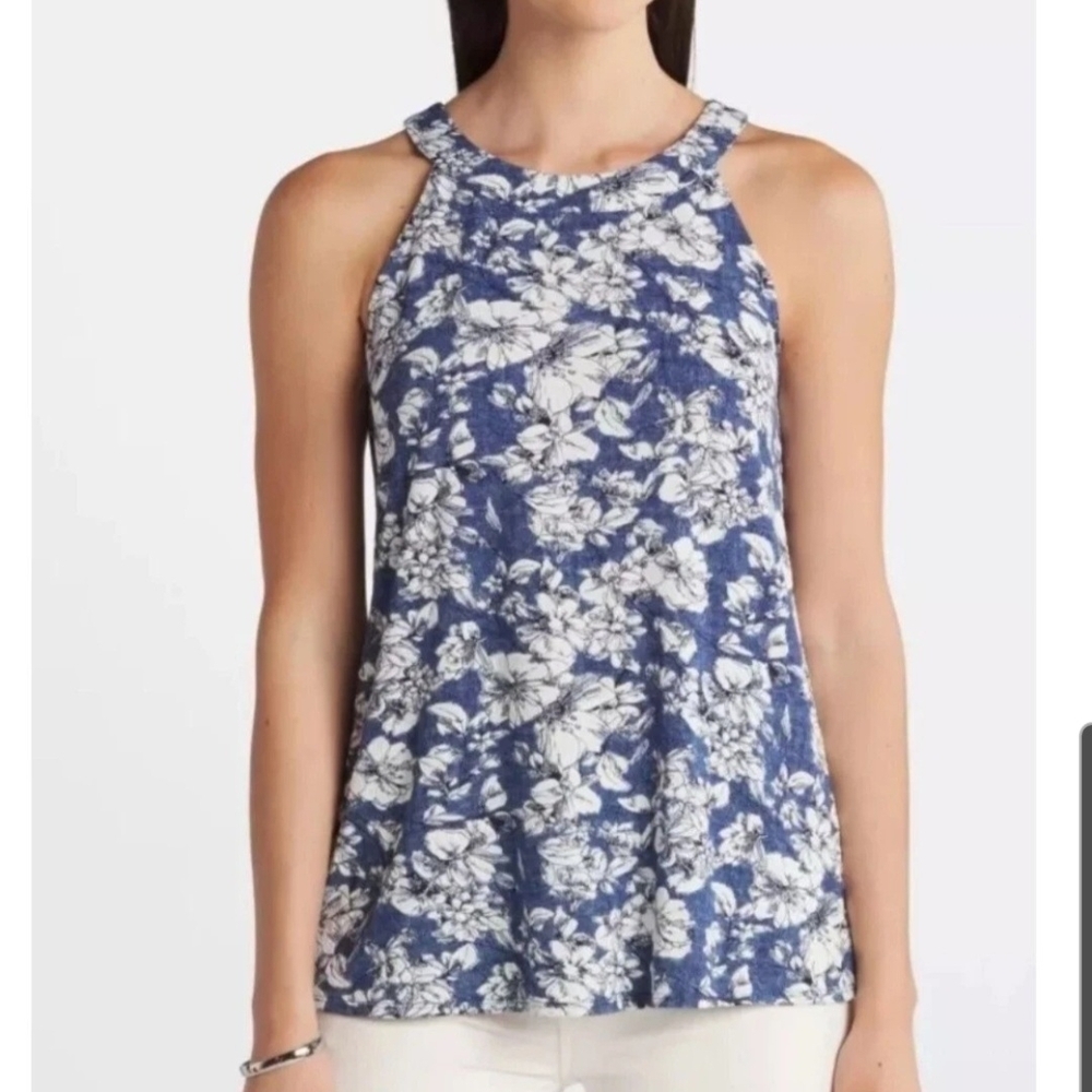 Fortune + Ivy Women's Opal Knit Blue Floral Halter Tank Top Keyhole Neck XS NWOT